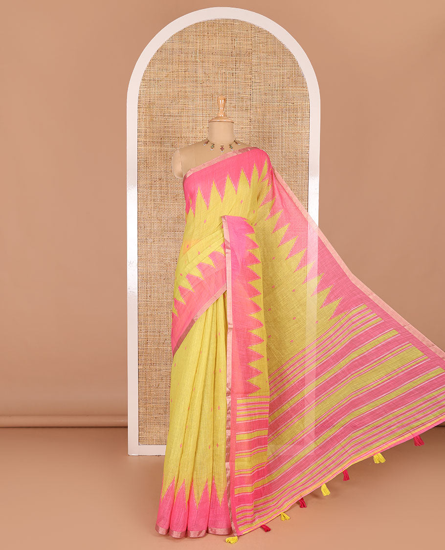 Lemon yellow small thread buttas linen cotton saree, contrast temple zari piping border, striped pallu and a contrast blouse