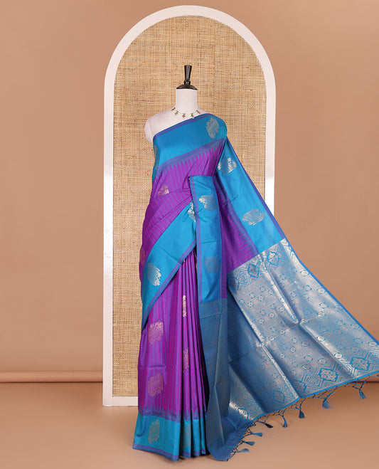 Violet striped and zari buttas Mulberry silk saree, contrast temple zari buttas border, intricate pallu, and contrast zari design blouse