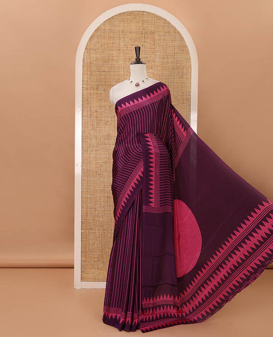 Purple vertical stripes printed Turkey crepe saree, temple printed border, geometric printed pallu & Ajrakh-printed blouse