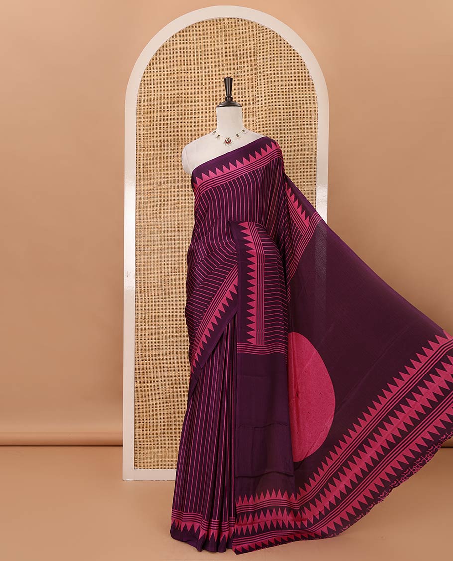 Purple vertical stripes printed Turkey crepe saree, temple printed border, geometric printed pallu & Ajrakh-printed blouse