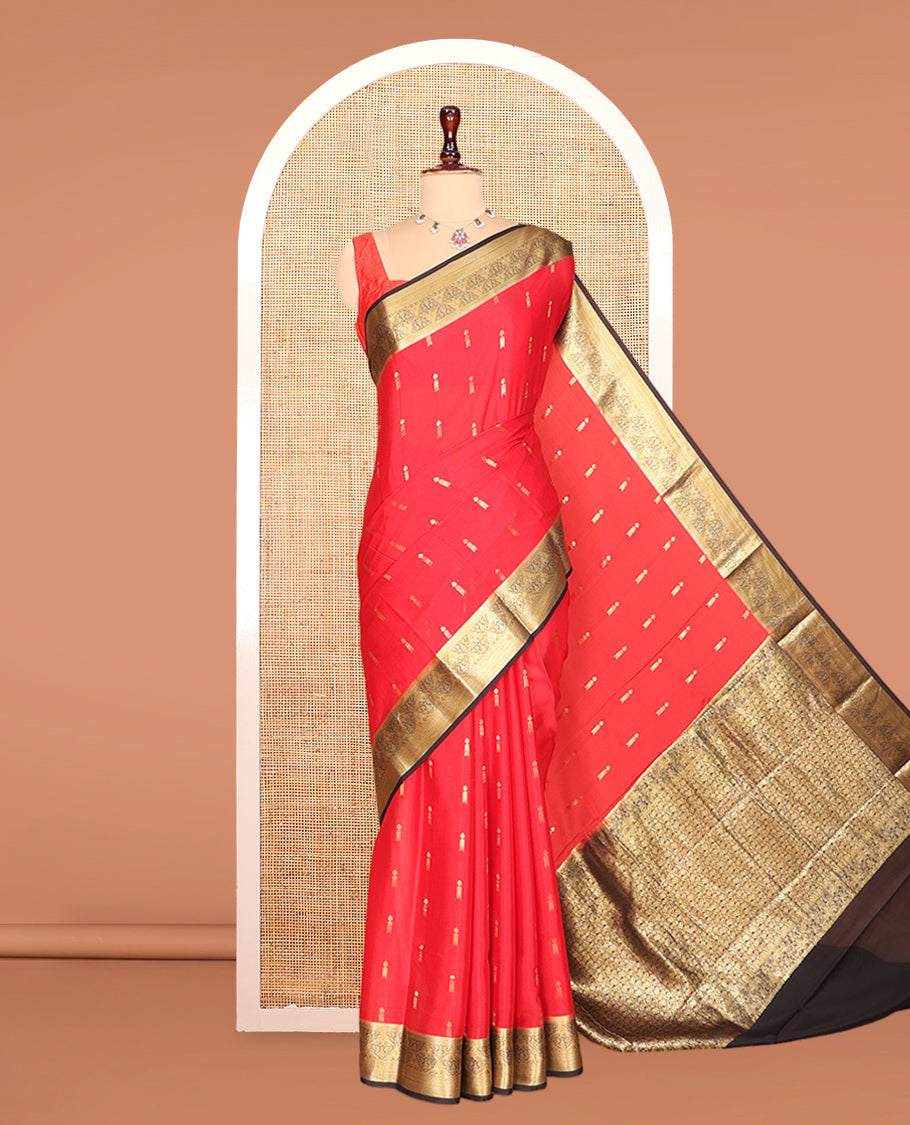 Red Zari Buttas Mysore Silk Saree, Complemented by a Contrast Traditional Zari Border, Intricately Designed Pallu, and a Contrast Blouse