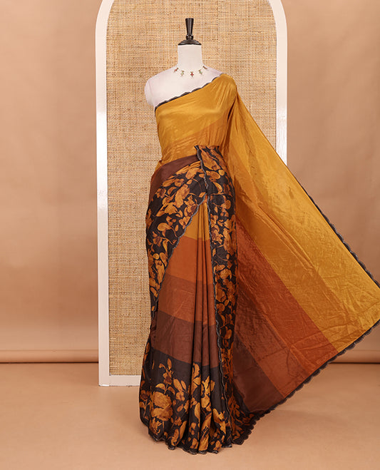 Brown ombre-colored floral printed silk crepe saree, swarovski stone work scallop border, printed pallu & printed blouse