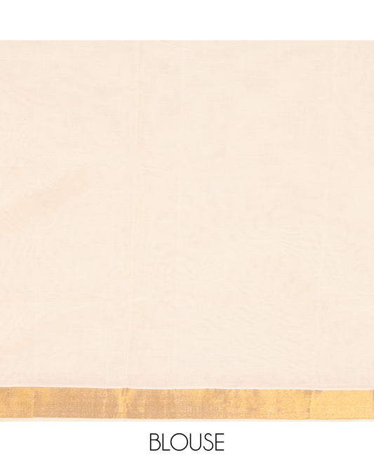 Cream Kerala Saree, Subtly Woven with Zari Buttas on Its Body, Bavanji Zari Border, Sparkling Zari-Woven Pallu of Intricate Designs, and Paired with a Matching Blouse