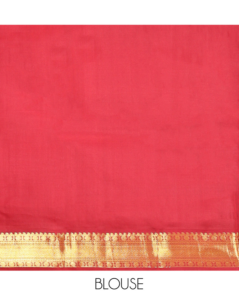 Orange Vasundhara Silk Saree, Enthralled with Zari Buttas All Over Its Body, Complemented by a Contrast Border of Manga, Poun, Neli, and Mayil Kann Designs, Grand Jaal Pallu, and Paired with a Contrast Blouse