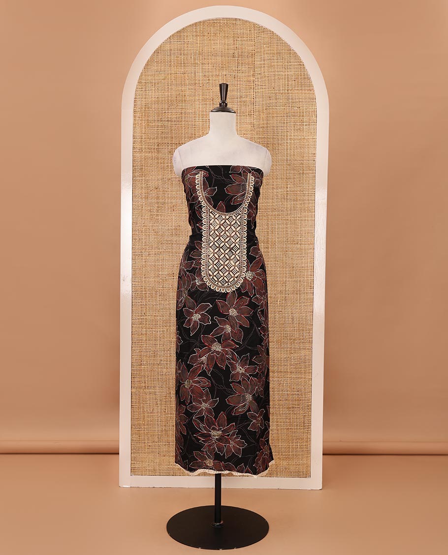 Black material chudidar set, floral print & thread neck embroidered rayon top, matching cotton bottom & sequins embroidered floral dupatta