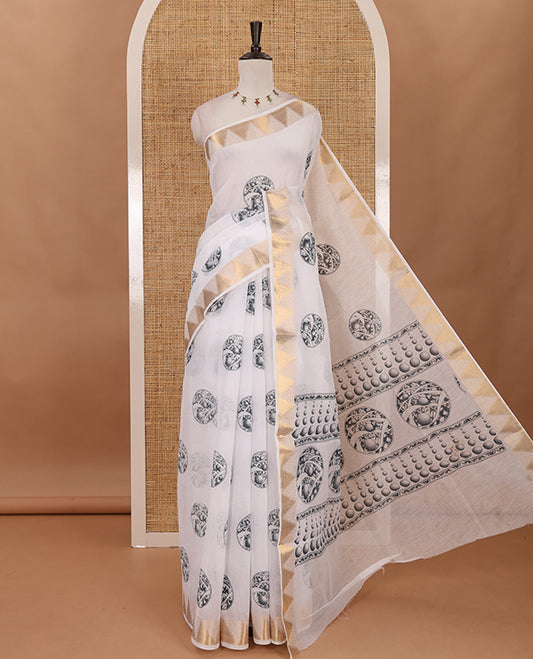White-green circular motifs printed mercerised cotton saree, gold zari temple  border, circular motifs printed pallu & matching zari border blouse