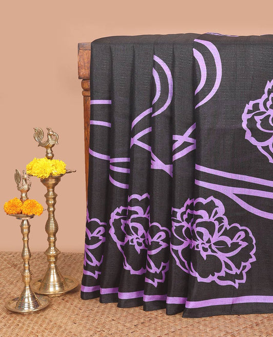 Black with purple geometrical design khadhi cotton saree with self border & solder pallu along with plain blouse