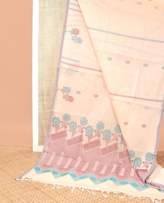 Off-white all-over floral design coimbatore cotton saree with contrast plain border