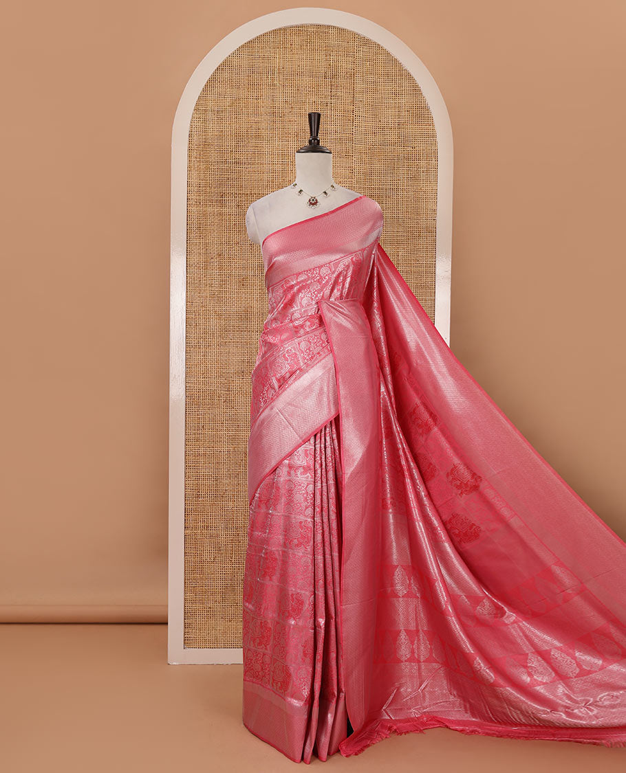 Pink floral & elephant jacquard softy saree, diamond design zari border, intricate pallu & matching jacquard blouse