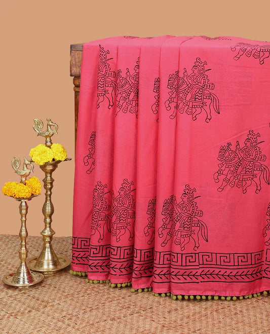 Pink block printed soft cotton saree with bom bom lace border & printed pallu along with plain blouse
