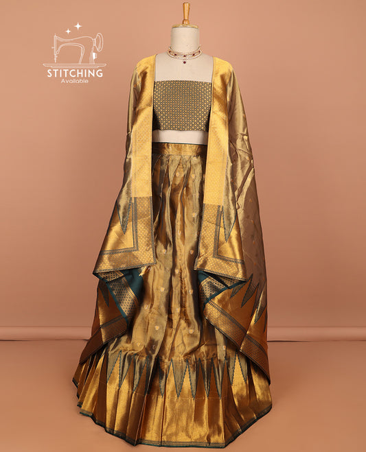 Brown buttas art silk half saree with contrast zari border, argyle pattern blouse & buttas with zari border dhavani