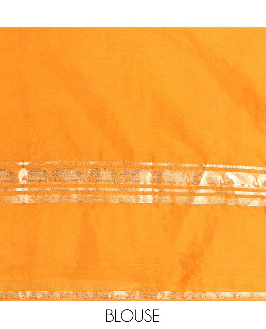Violet Plain Art Mysore Silk Saree, Complemented by Captivating Contrast Rettai Pettu Traditional Border of Elephant Zari Buttas, Striped Pallu, and Paired with a Contrast Blouse