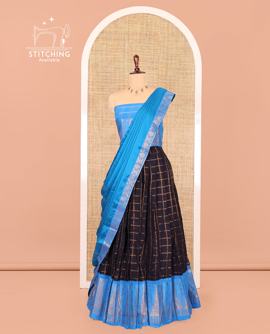 Navy Blue-Firozi Blue Sungudi Cotton Half-Saree Features Checked Skirt, Contrast Gopuram Border, Contrast Blouse, and Zari-Bordered Syska Georgette Dhavani