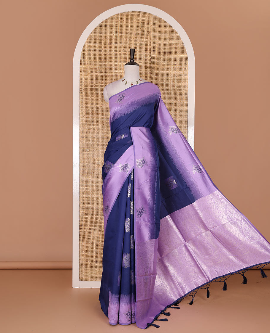 Navy blue-lavender floral buttas elite soft silk saree, contrast floral buttas border, and pallu of Mughal-style intricate zari designs