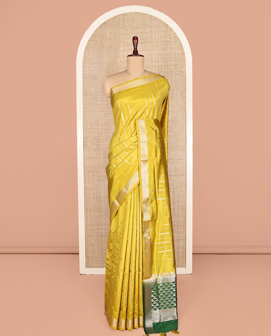 Yellow Dupion Silk Saree, Enriched with Zari Stripes, Highlighted by a Traditional Zari Design Border, Contrast Pallu of Geometric Design, and a Contrast Blouse