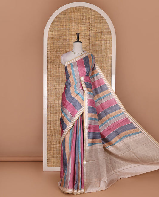 Multi color vertically striped semi-tussar saree, contrast resham thread border of temple and rudraksham motifs, striped pallu, and contrast striped printed blouse