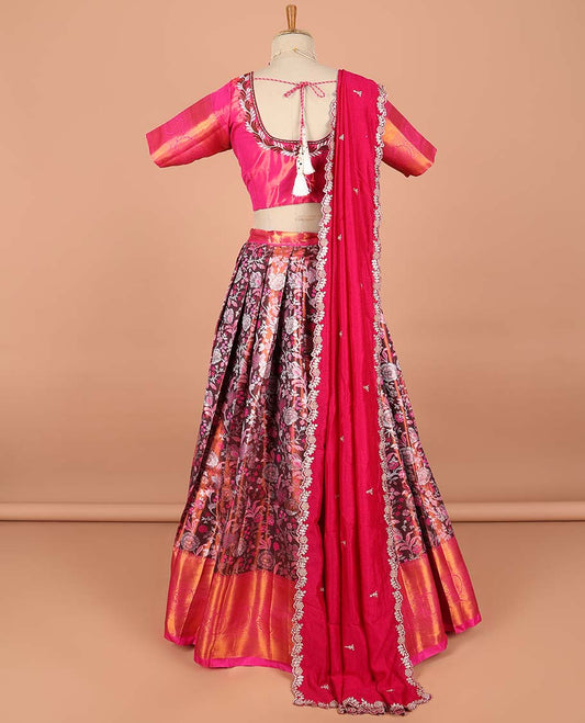Multi-color floral jacquard semi-stitched half saree with contrast zari border,  embroidered blouse & scallop border dhavani