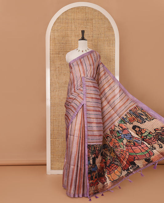 Borderless lavender checked & stripes printed fancy tussar saree, contrast painting-style Indian woven motifs printed pallu & checked printed blouse