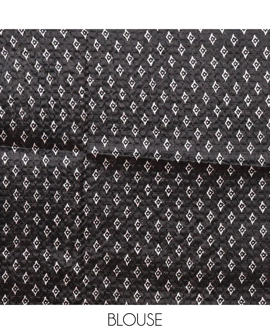 Black mango motifs batik printed litch crushed saree, mango motif border, pallu of mango & geometric print & small butta print blouse