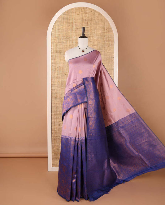 Borderless lavender-blue zari buttas & half-&-half vanasingari-style flora-fauna woven kanchi silksaree,self-pallu & blue blouse of zari brocade