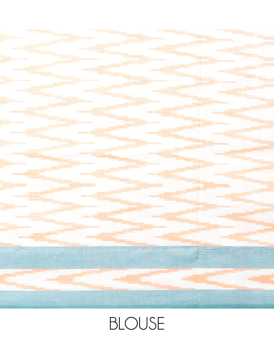 Cream geometric design ikkat cotton saree with contrast border & geometric design pallu