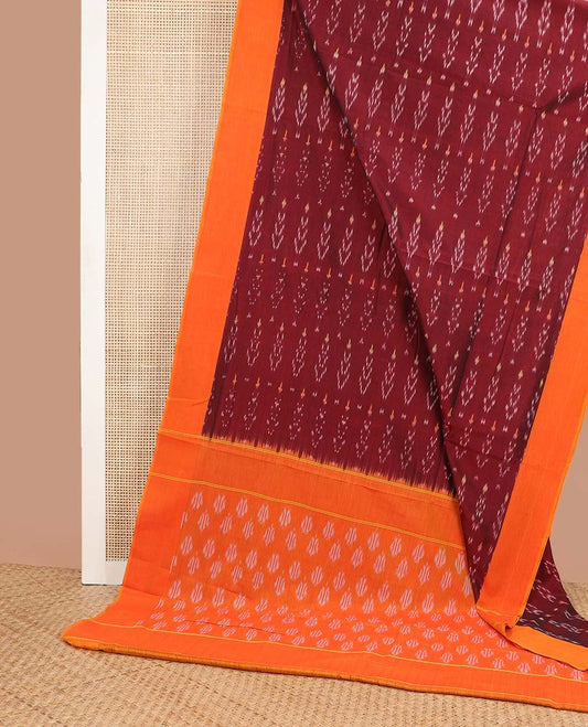 Maroon floral design ikkat cotton saree with contrast border & intricate design pallu