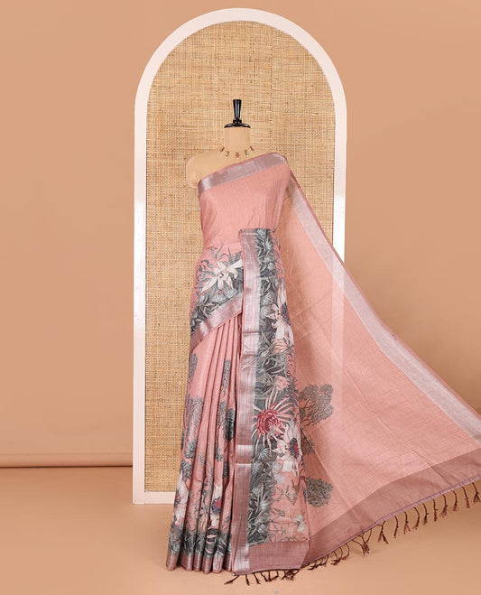 Onion pink tropical floral printed Linen cotton saree, bavanji border, tropical floral printed, and leaf motifs printed blouse