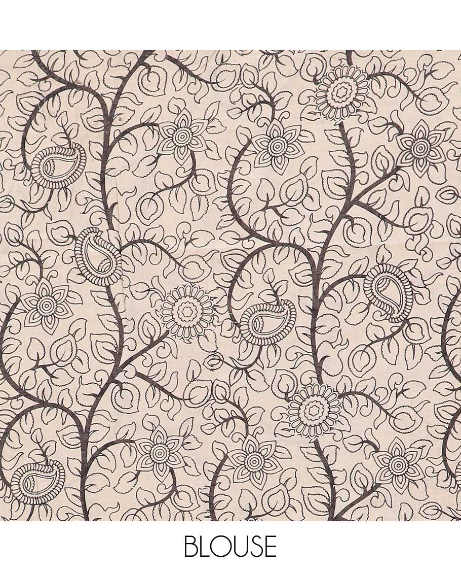 Black batik floral design machine-printed kalamkari cotton saree with contrast border & floral, peacock design pallu
