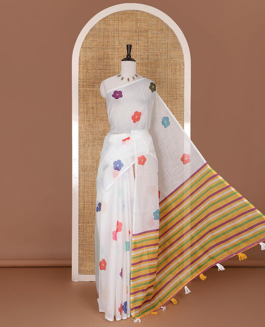 Borderless White colorful five-petal flower motifs printed linen cotton saree, multi-color striped pallu, and contrast printed blouse