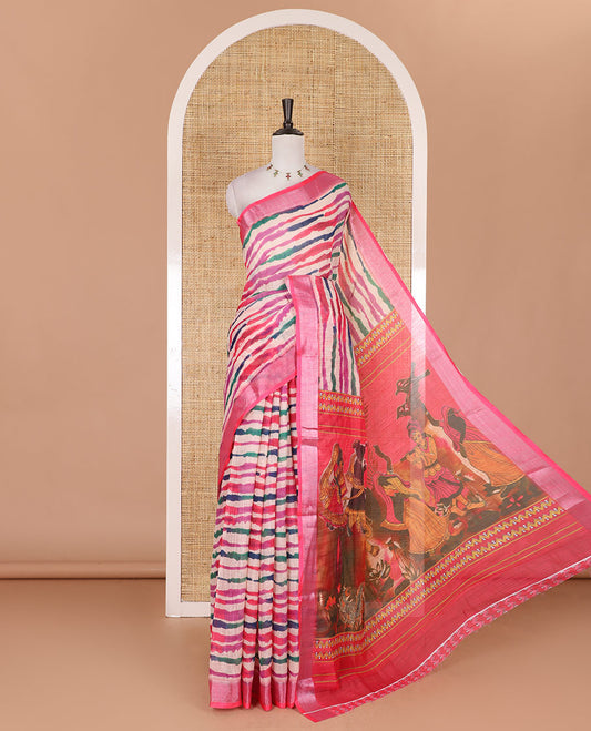 Multi-color leheriya-style stripes printed linen cotton saree, contrast bavanji border, wedding style printed pallu, and contrast printed blouse