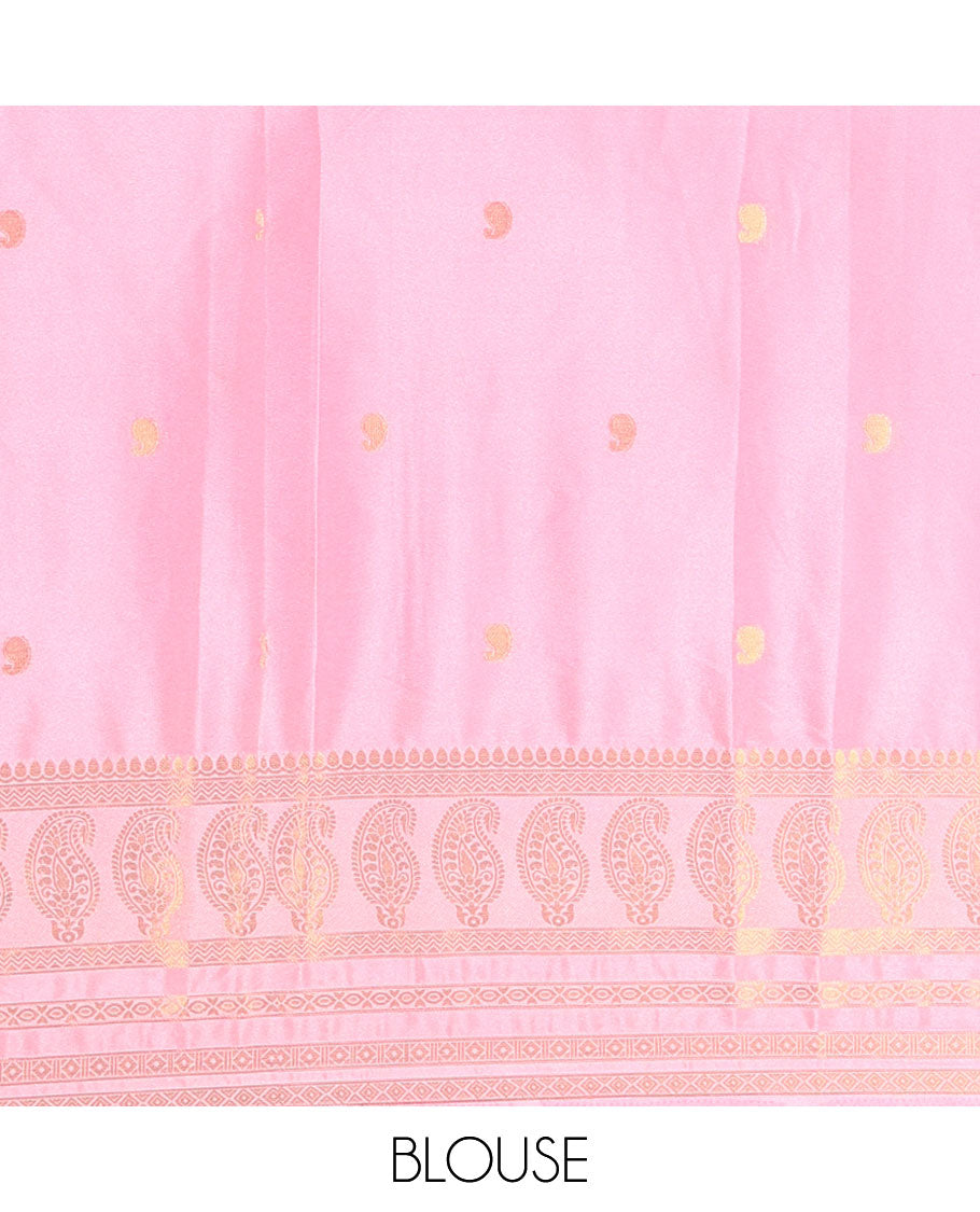 Green Art Mysore Silk Saree, Gleamed Up with Paisley Buttas All Over Its Body, Complemented by a Contrast  Traditional Zari Border of Paisleys, Subtly Striped Pallu, and Paired with a Contrast Blouse