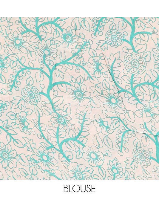 Blue human motifs machine-printed kalamkari cotton saree, Pichwai cow border & animal motifs pallu