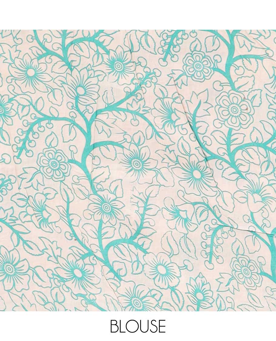 Blue human motifs machine-printed kalamkari cotton saree, Pichwai cow border & animal motifs pallu