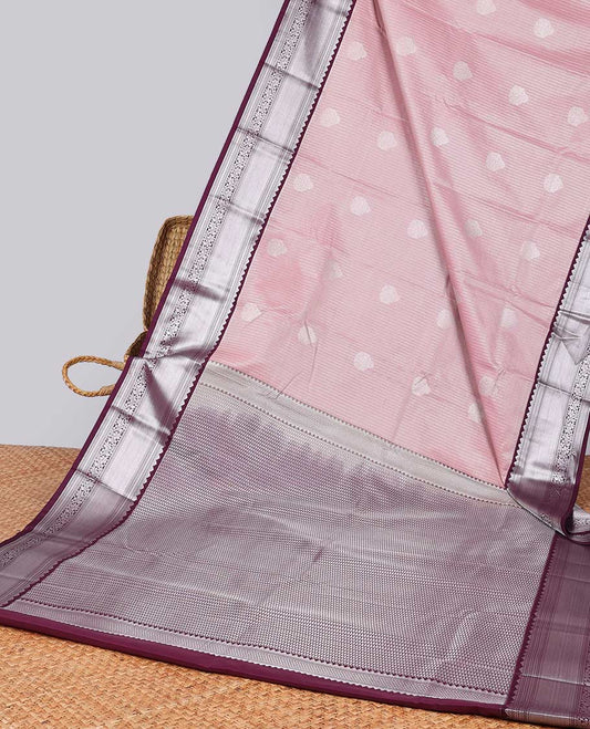 Baby pink checked, floral design gift saree with contrast zari design border & intricate zari design pallu