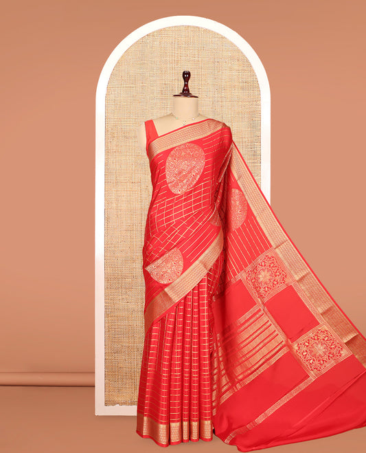 Red Mysore Silk Saree, Detailed with Zari Buttas and Stripes, Highlighted by a Traditional Zari Border, Grand Pallu, and a Matching Blouse