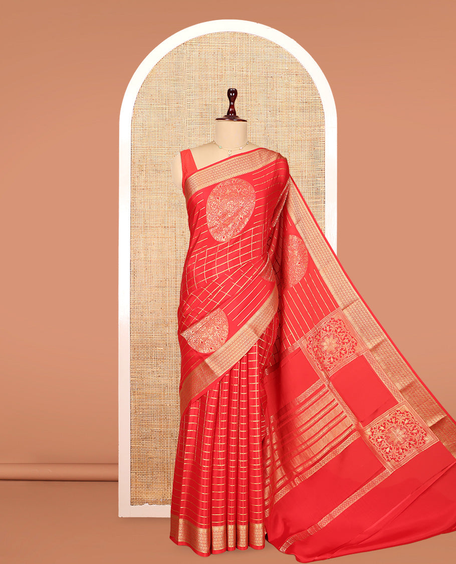 Red Mysore Silk Saree, Detailed with Zari Buttas and Stripes, Highlighted by a Traditional Zari Border, Grand Pallu, and a Matching Blouse