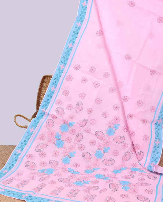 Pink floral embroidery lucknowi chikankari cotton saree, contrast floral border & floral, paisley embroidery pallu