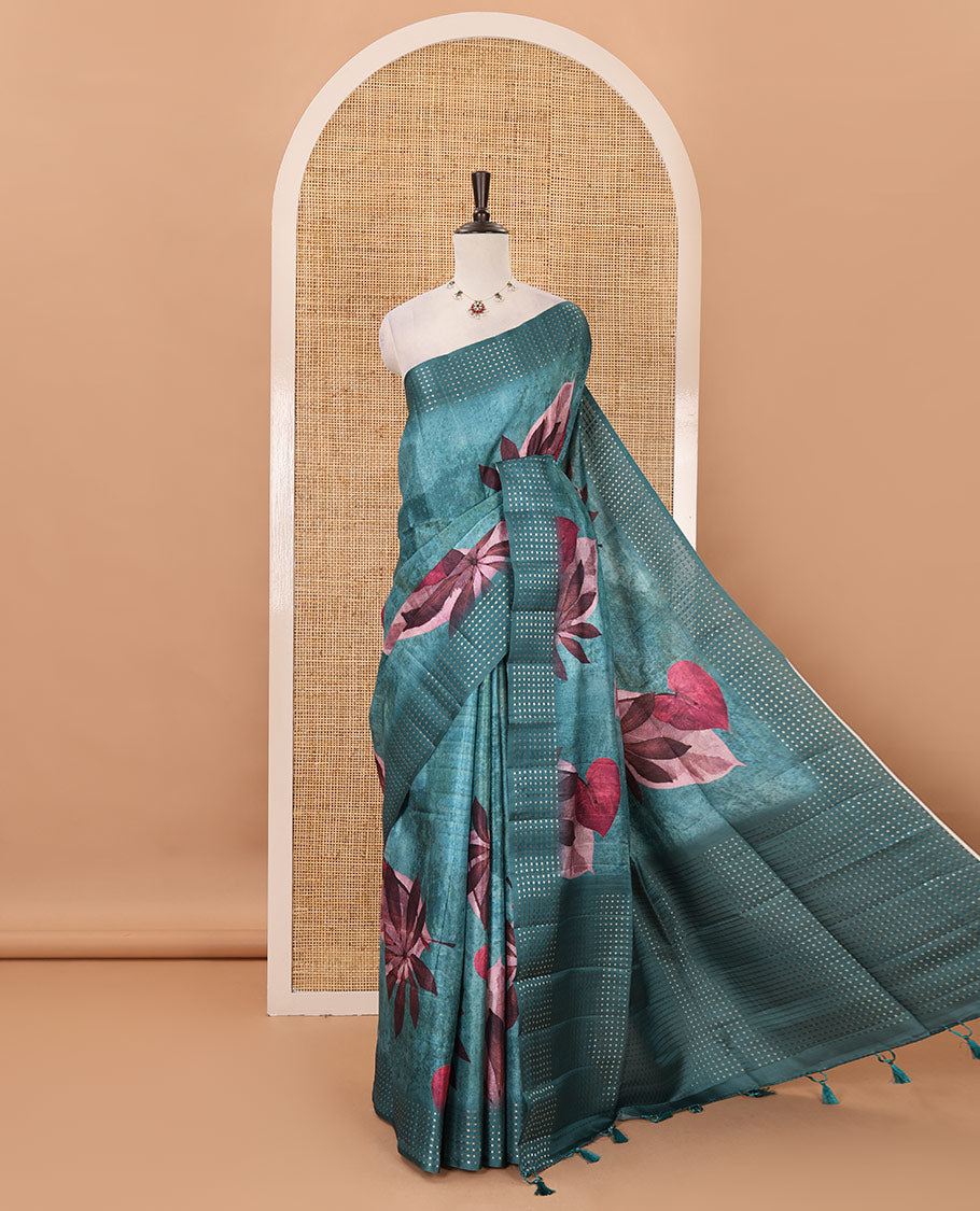 Blue floral-leaf eco-digital printed fancy tussar saree, zari border, pallu of dobby-style buttas & matching blouse of print & zari work