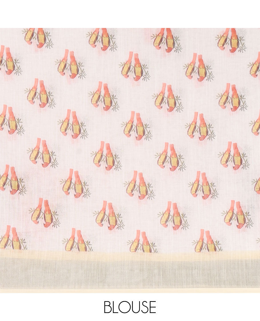 White digital printed linen cotton saree with parrots on the tree design, contrast bavanji border & parrot printed pallu