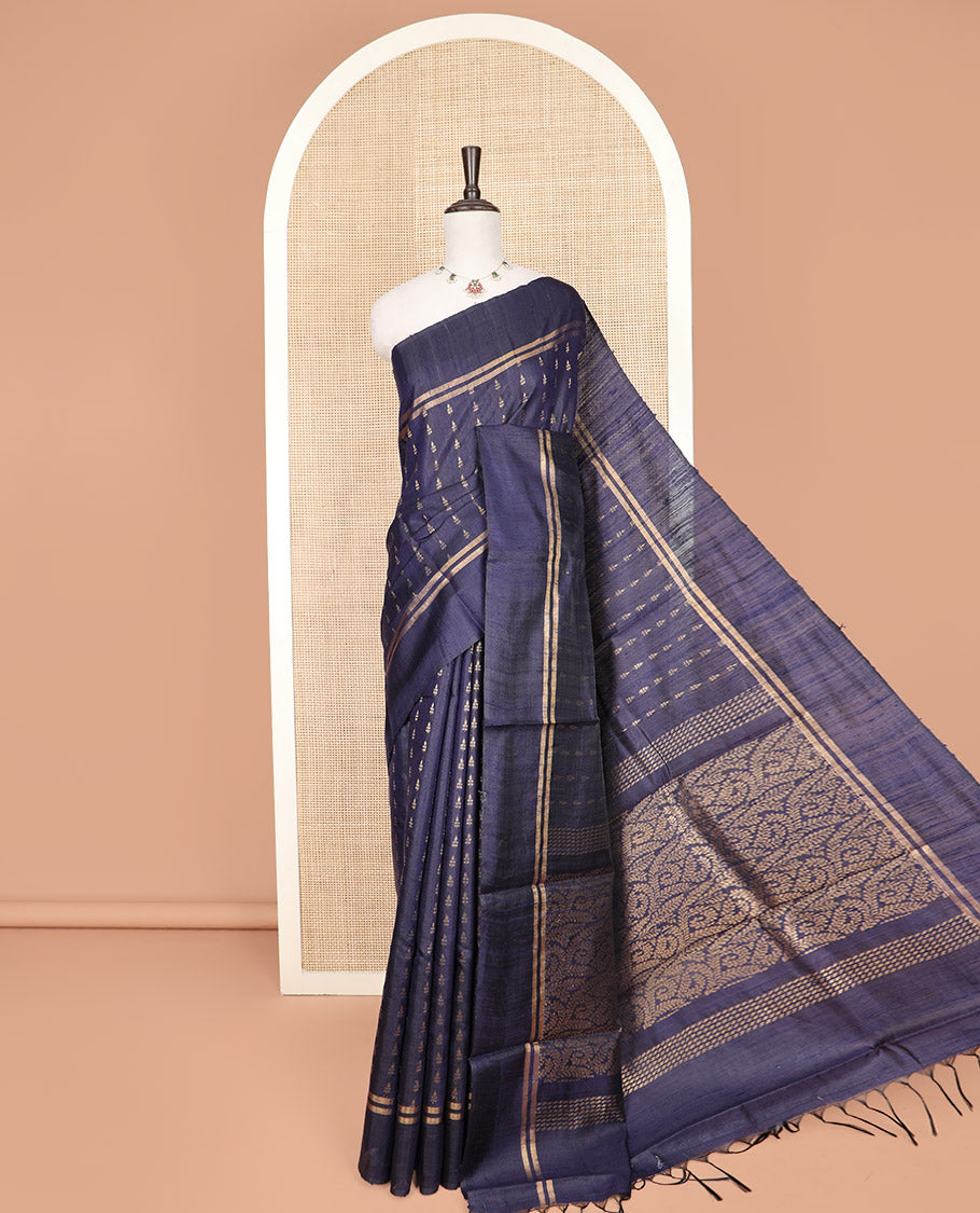 Navy Blue Dupion Silk Saree, Detailed with Dobby-Style Buttas All Over Its Body, Zari Striped Border, Pallu of Floral Jaal Design, and Paired with a Matching Blouse