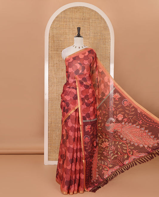 Rust polka dots printed linen cotton saree, piping border, kalamkari floral-peacock printed pallu & small polka dots printed blouse