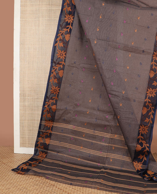 Dark grey motifs bengal cotton saree with contrast floral design border & striped, floral motifs pallu