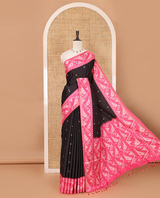 Black temple buttas katan silk saree, contrast border & pallu of jamdani-style motifs & diamond motifs printed contrast blouse
