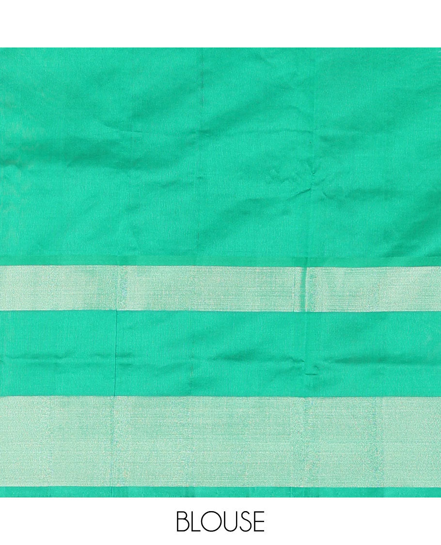 Blue Kuppadam Cotton Saree, Adorned with Meena Buttas All Over Its Body, Complemented by a Bavanji Border, Captivating Contrast Pallu of Ogee Patterns, and Paired with a Contrast Blouse