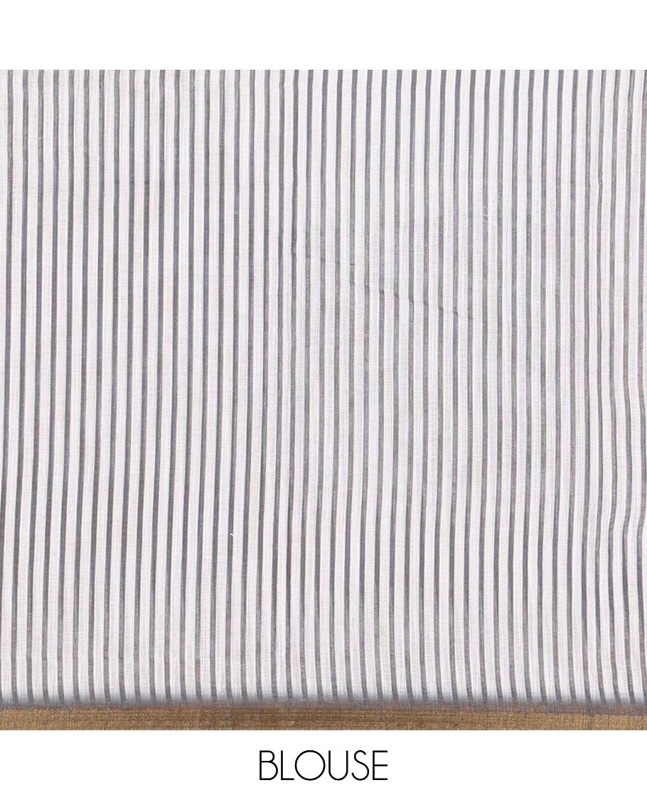 Yellow Linen Cotton Saree, Adorned with Half-And-Half-Style Polka Dots, a Subtle Piping Border, Contrast Vertically Striped Pallu, and a Contrast Blouse