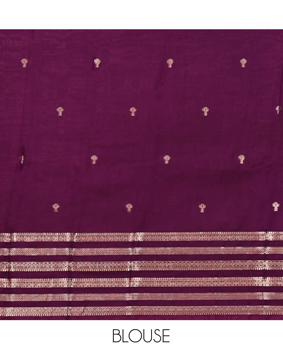 Green Assam Silk Saree, Ornamented with Zari Buttas, Complemented by a Contrast Traditional Zari Border, Striped Pallu, and a Contrast Blouse