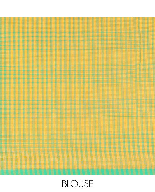 Yellow checked design khadi cotton saree with contrast striped border & checked design pallu