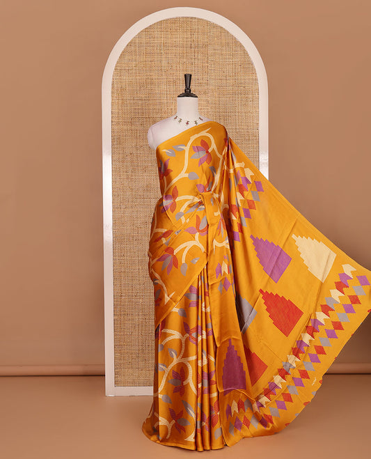 Borderless mustard jamdani weaving design gajji silk saree and  jamdani design self pallu along with printed blouse