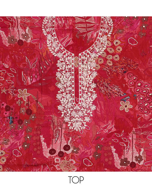 Red chudidhar material set floral thread embroidered top with plain bottom & sequins embroidered dupatta