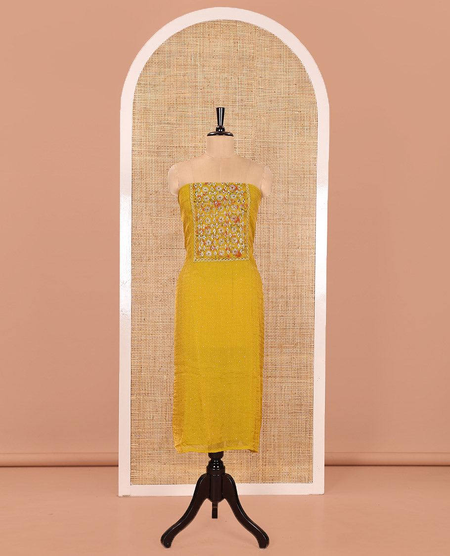 Yellow Material Churidar Set, Gleamed Up with Stone Work and Floral Print on Nc Moss Organza Top, Comes with a Plain Santoon Bottom, and Is Paired with a Nc Moss Dupatta of Floral Print and Stone Work